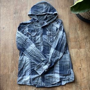 MENS Buckle Black Button Up Flannel with Hood